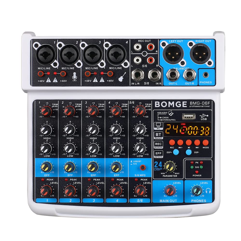 BOMGE 6チャンネルミニオーディオミキサーコンソールUSBBluetoothステレオ録音48Vファンタム電源カラオケ歌唱PC録音用の24個のDSPエフェクト (白)