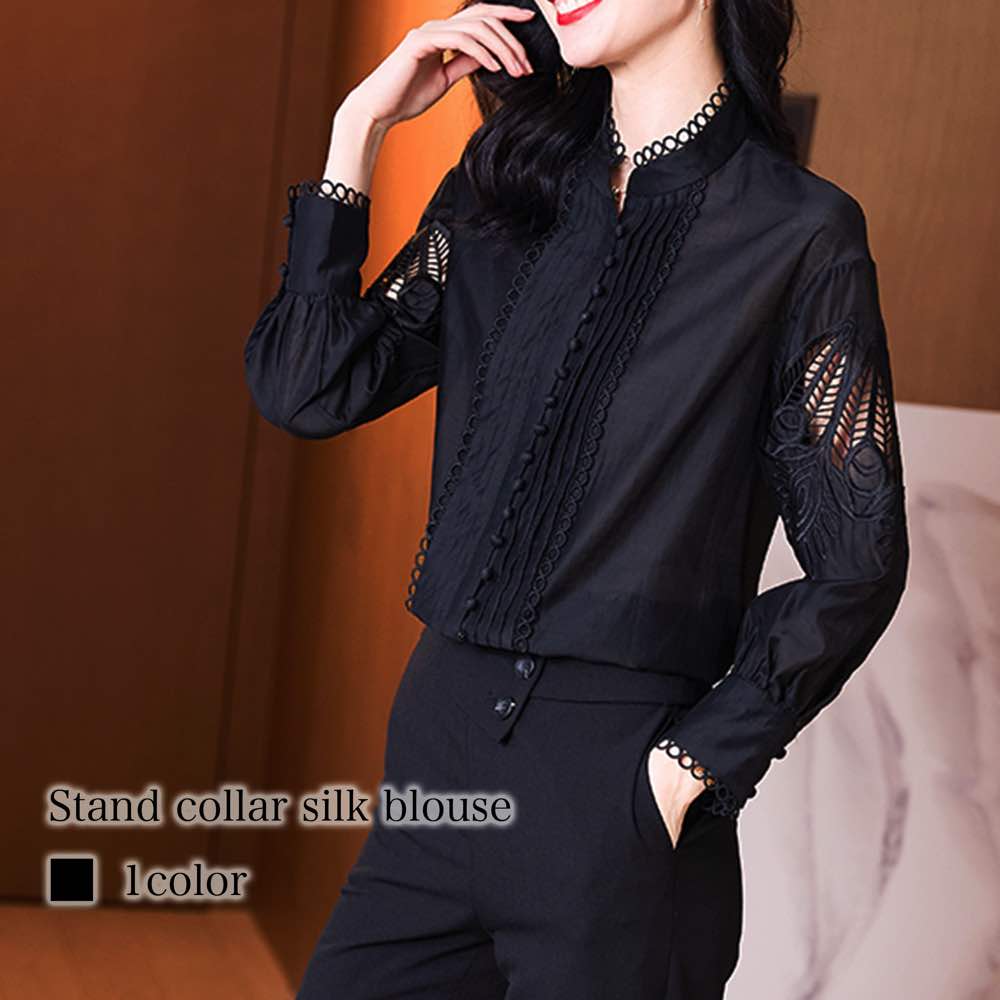 ブラウス レディース スタンドカラーシルクブラウス 黒 ノーアイロン ワンピース Tシャツ 春 レース 安い カットソー ブランド スーツ オフィス カジュアル 冬 秋 きれいめ 高品質 人気 フォー