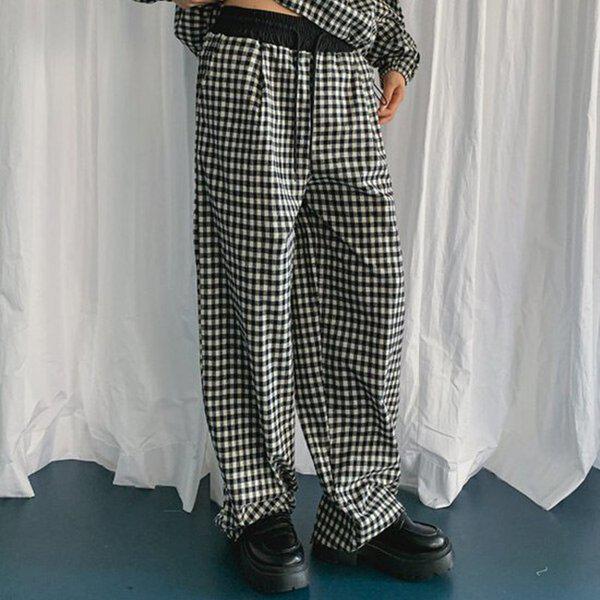 （DK）市松模様プリーツワイドパンツ 秋 レディース バンディングパンツ