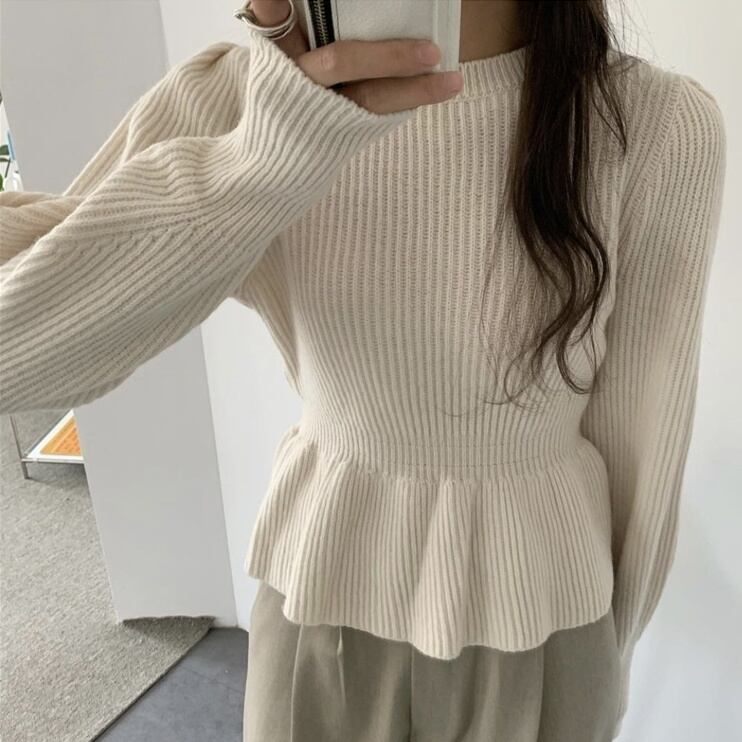 2color レディース トップス ニット セーター ペプラムリブニット ペプラムヘム 166