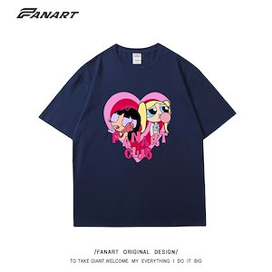 fanart ドーパミンウェア Tシャツ レディース パワーパフガールズ ピュアコットン 漫画 半袖 ピンク ゆったり 夏 五分袖