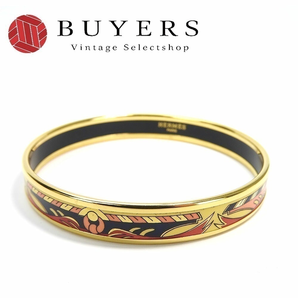 中古エルメス エマイユ バングル ブレスレット アクセサリー ジュエリー 小物 Y刻印 七宝焼き メッキ GP ゴールド オレンジ ブラック イエロー レディース 女性 hermes bangle a