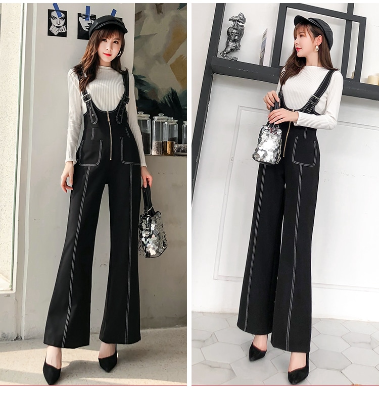 【送料無料】レディース サロペット ワイドパンツ デニム ハイウエスト ポケット ステッチ