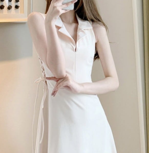 ワンピース ドレス レディース ノースリーブ Vネック 襟付き サイドリボン かわいい 大人可愛い きれいめ シンプル 大人 上品 おしゃれ 無地 夏 イベント リゾート デート アプリコット