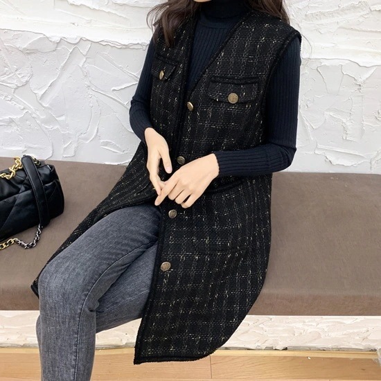 ジレ レディース ベスト 上着 ツイードベスト ライトアウター ミディアム丈 袖なし Vネック ゴールドボタン おしゃれ こなれ感 秋冬 休日 オルチャン 体型カバー ブラック 2XL 3XL XL