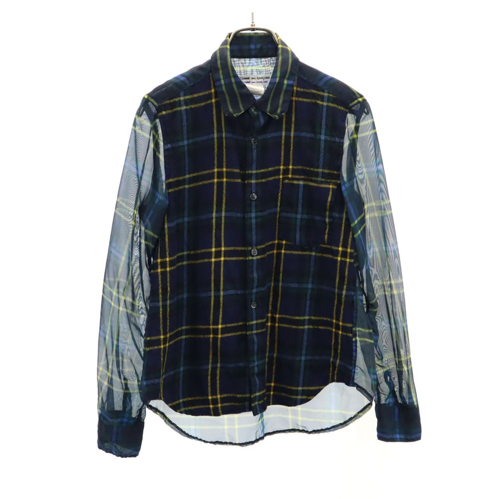 コムデギャルソンコムデギャルソン フランス製 チェック柄 長袖 オーガンジー切替 シャツ S Comme des Garcons Comme des Garcons シースルー レディース
