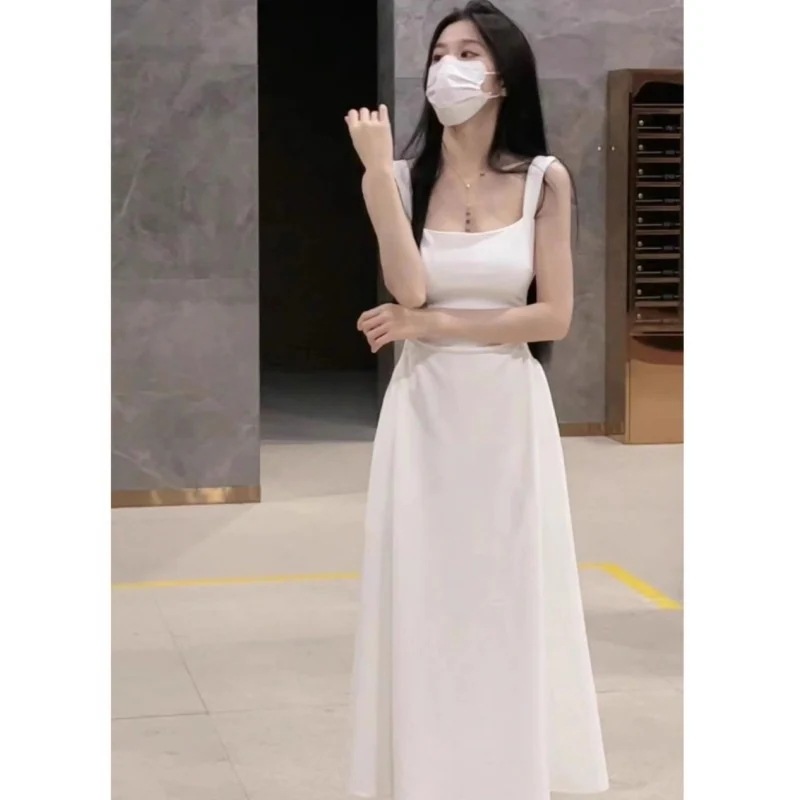 白いサスペンダードレス女性のための春と秋の新しい大きいサイズファットガールaラインフレンチウエストティーブレイクロングドレス