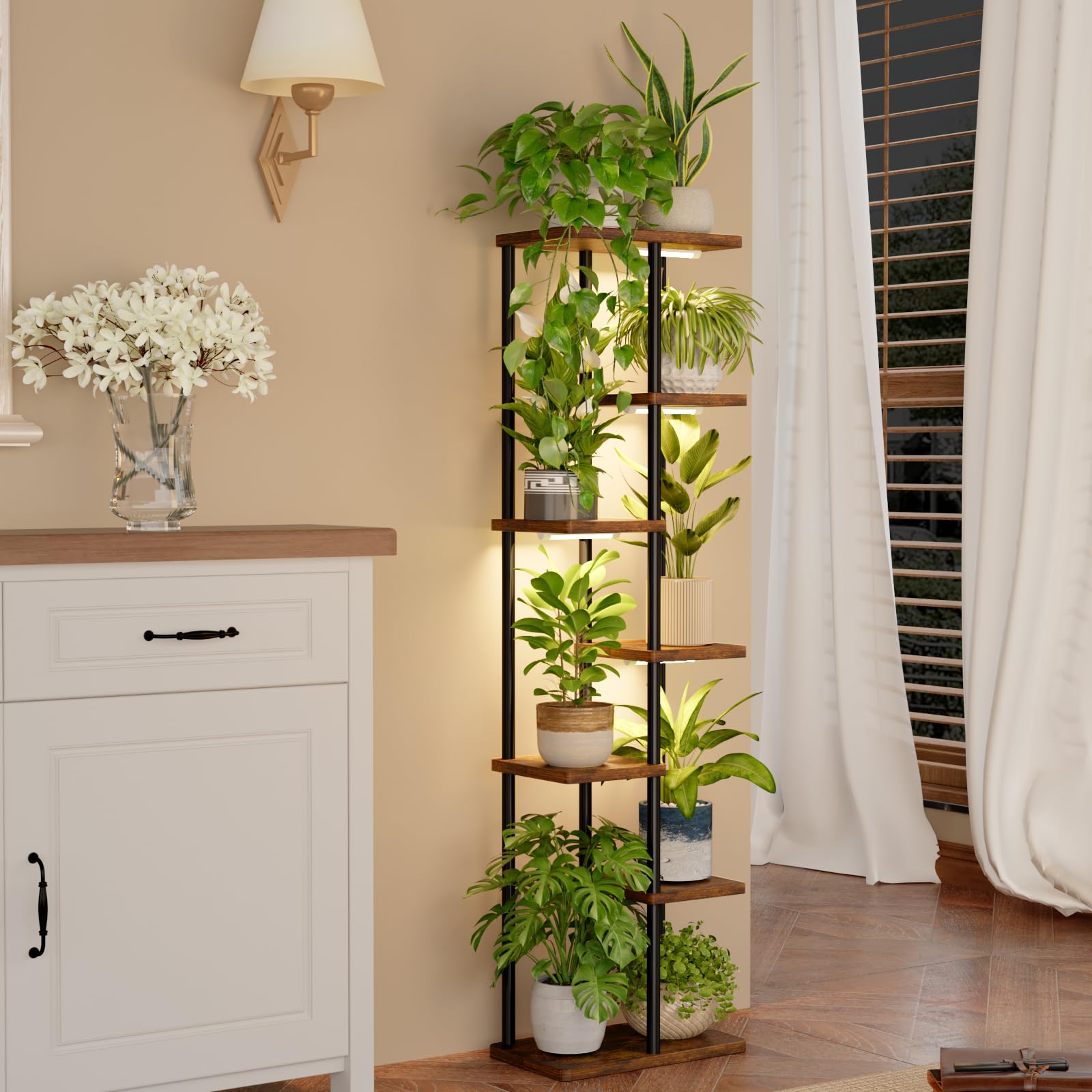 Bamworld フラワースタンド 植物育成ライト付き プランタースタンド 7段花台 観葉植物台 おしゃれ 植物 棚 植木鉢台 植木鉢スタンド リビング 寝室 ベランダ