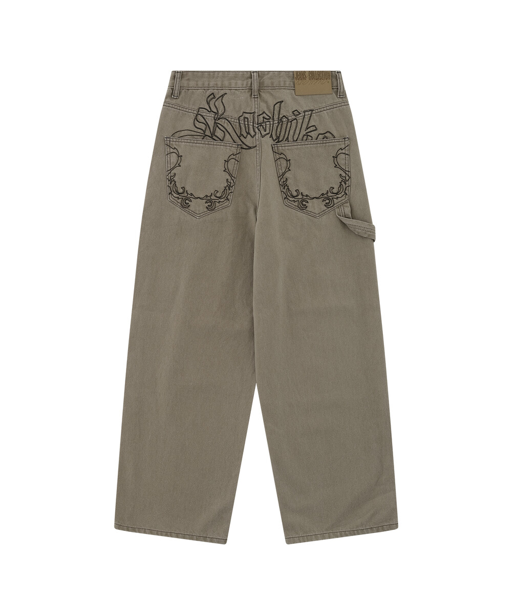 【KASHIKO】 EMBROIDERED WASHING DENIM PANTS : BEIGE