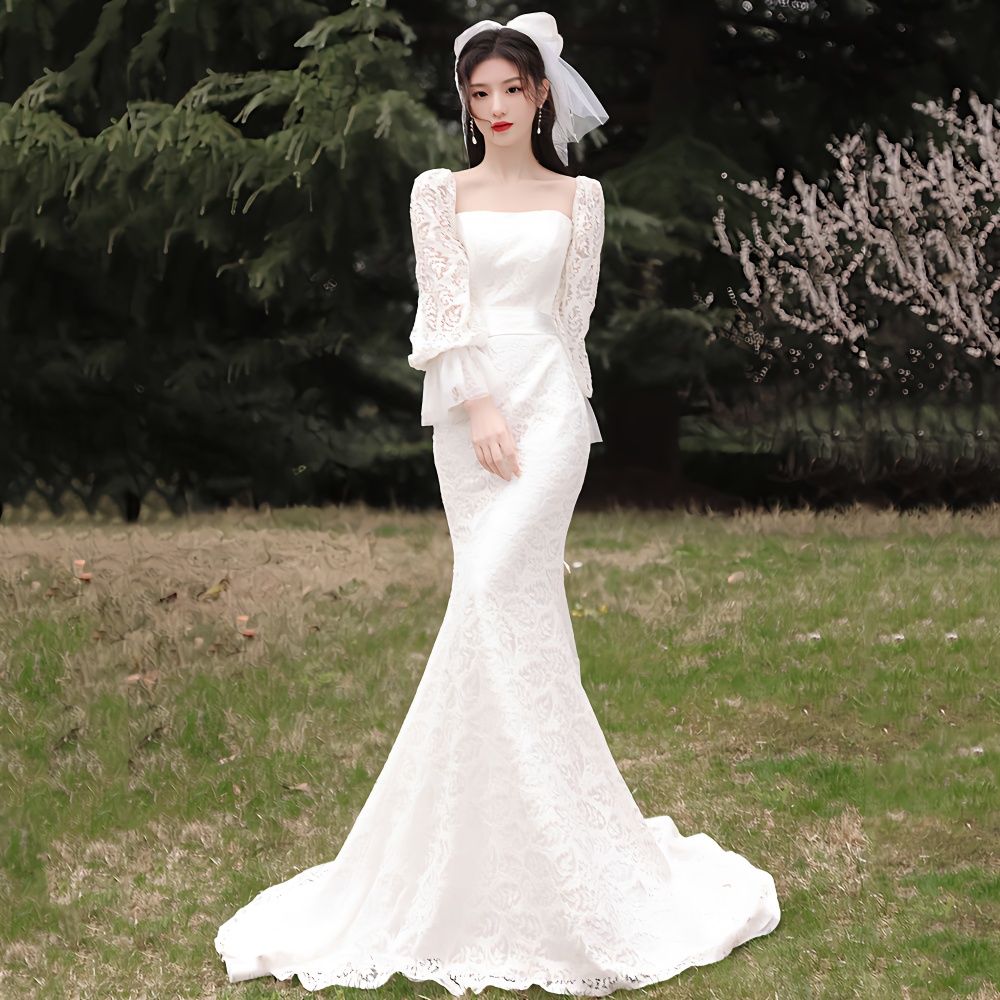 軽やかなウェディングドレス 新作の花嫁の結婚二次会 演奏会 発表会 披露宴 結婚式 司会タキシードの旅は気質の魚の尾の修身の高級感の小さい尾のドレスをたたきます