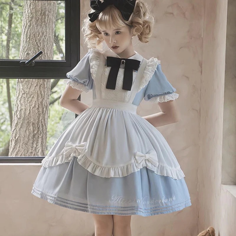 メイド服 コスプレ 水色 黒色 『アリス』ドレス ロリータ ワンピース 夏 半袖 膝丈 英字刺繍 パフスリーブ ハロウィンコスチューム