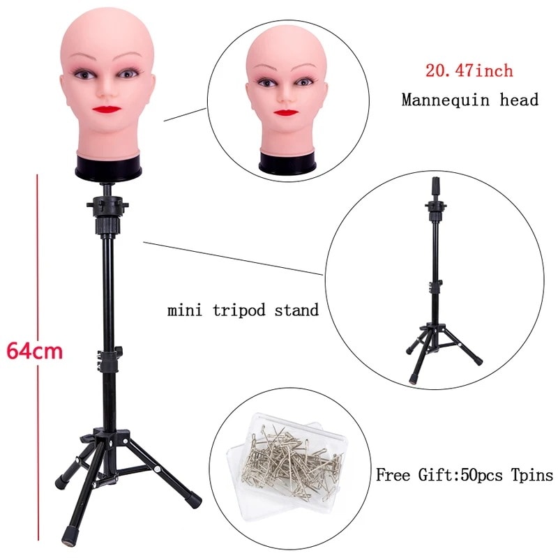 64cm三脚用ウィッグスタンド 黒一眼ヘッド付きミニ三脚 調整可能な三脚 Tピン 64cmstand beigehead