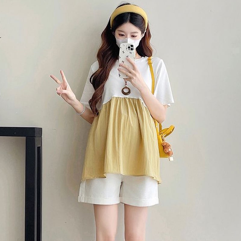 半袖トップス マタニティ ラウンドネック ふんわり プラスサイズ レディース トップス 半袖 セミフレア フェミニン かわいい 大人可愛い きれいめ シンプル カジュアル おしゃれ こなれ感 ラフ