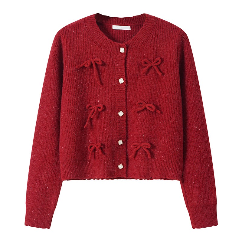 トップス カーディガン ニットカーディガン 長袖 ラウンドネック 前開き ボタン ショート丈 リボン 可愛い かわいい 大人可愛い きれいめ シンプル 上品 レトロ おしゃれ かっこいい カジュアル