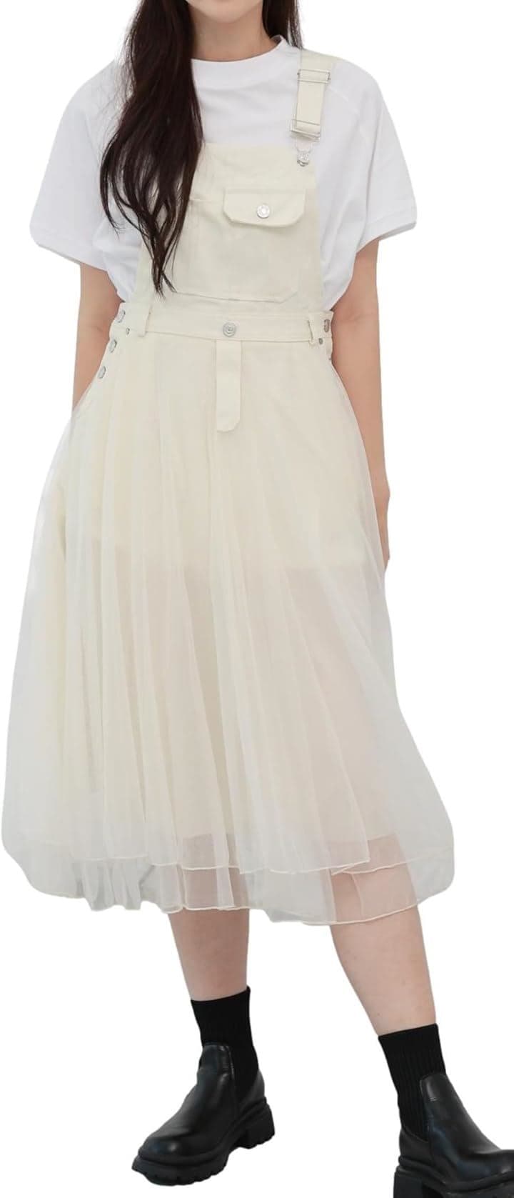 大人 サロペット デニム チュール ドッキング ジャンパー スカート オーバーオール(ホワイト, S) 6,073円