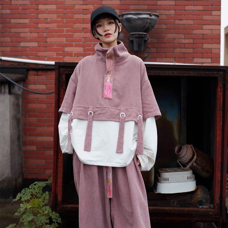 ハーフジップパーカー 切り替えパーカー コーデュロイジャケット 重ね着風 刺繍 スタンドカラー 男女兼用 メンズ カップル服 ゆったり かっこいい