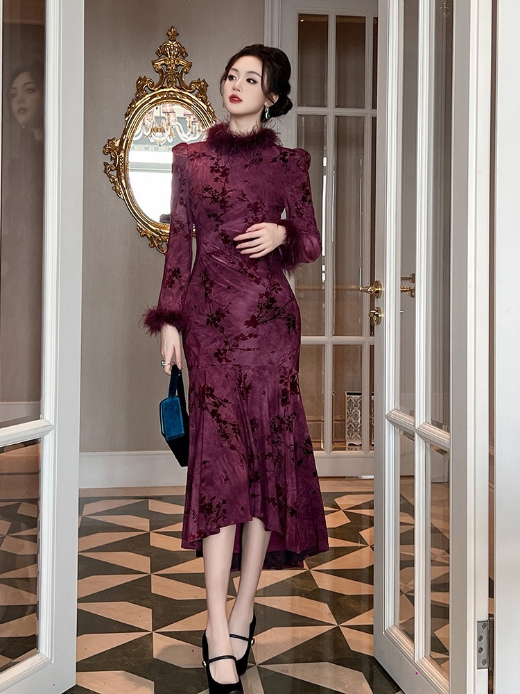 【JY.上品】 秋 中華風 マーメイド ニットワンピース チャイナ ドレス パーティー キャバ 大人 同窓会 披露宴 卒業式 結婚式 演奏会 ウェディング 二次会 メガ割