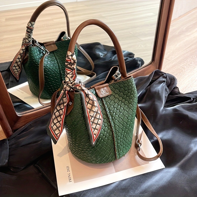 レディース バケットバッグ エレガント無地カラー 編み込みショルダー＆クロスボディバッグ 調整可能取り外し可能ストラップ付き 大容量 通勤用 マルチカラー 通勤ハンドバッグ テクスチャー仕上げ ポリエ