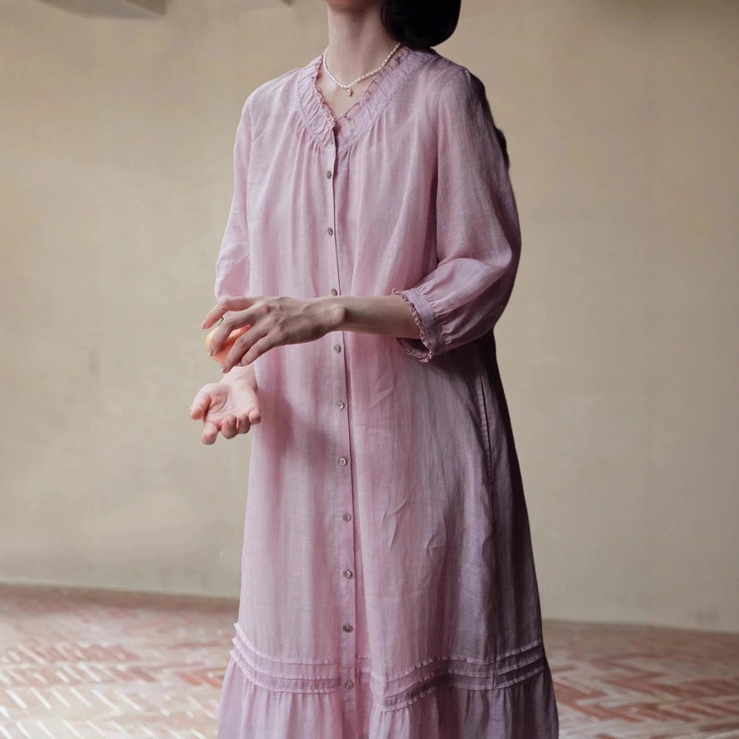 ワンピース 秋 ゆったり リネン vネック ロングワンピース 7分袖 新品掲載！2026 レディースファッション リゾートワンピース