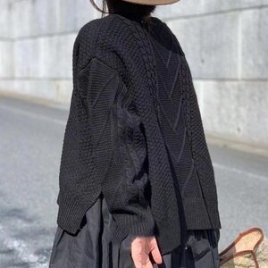 ニット レディース セーター レイヤード ケーブルニット ケーブル編み 秋 冬 新作 カジュアル 体型カバー 異素材MIX ゆったり ビッグシルエット オーバーサイズ 無地 プレーン シンプル おしゃ