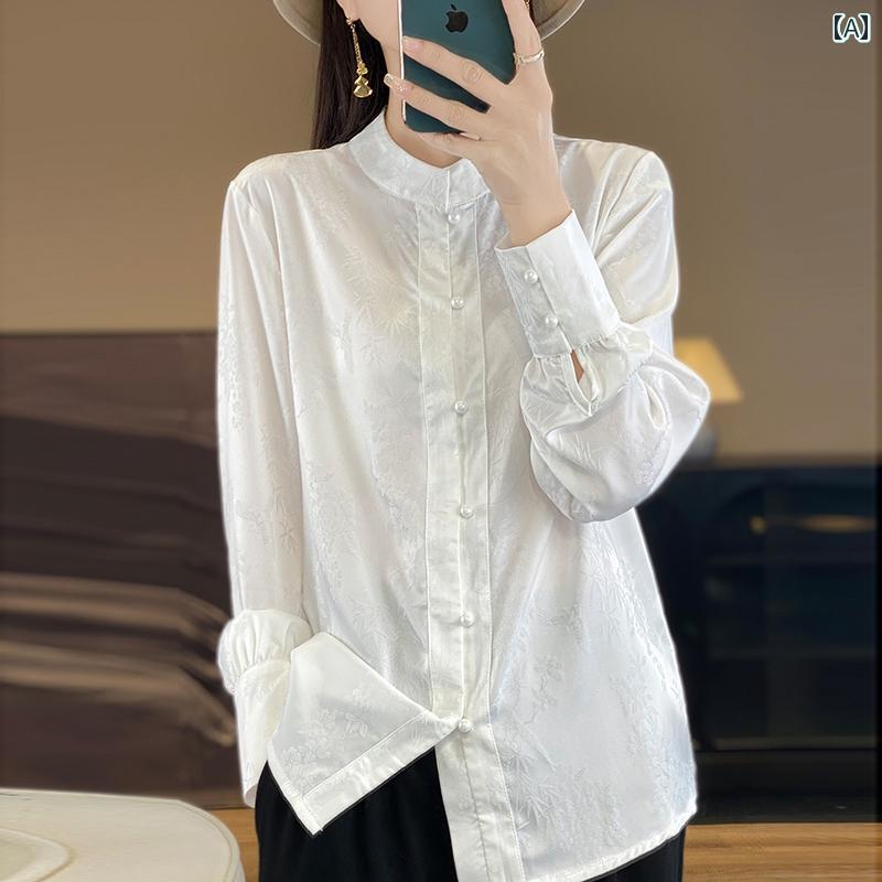 レディース トップス シンプル おしゃれ チャイナ風 アセテート サテン 春夏 スタンドカラー ダーク フラワー 長袖 Tシャツ