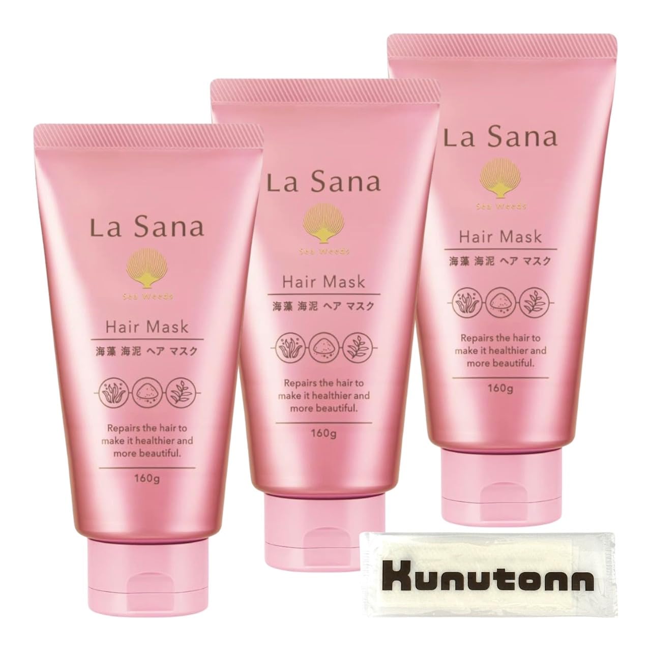 ラサーナ トリートメント 海藻 海泥 ヘア マスク ダメージケア ローズヒップの甘ずっぱいさわやかな香り ヘアマスク 160g 3個セット + Kunutonnオリジナルロゴ入りhおしぼり付