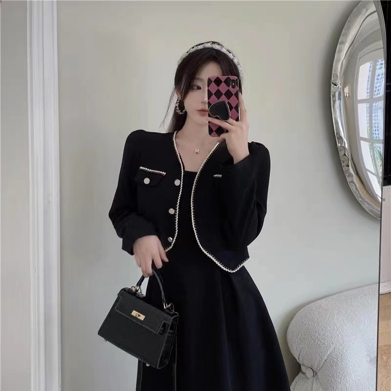 女性用フレンチスタイルジャケット+サスペンダードレス2025秋新年齢削減痩身ブラックツーピーススーツ