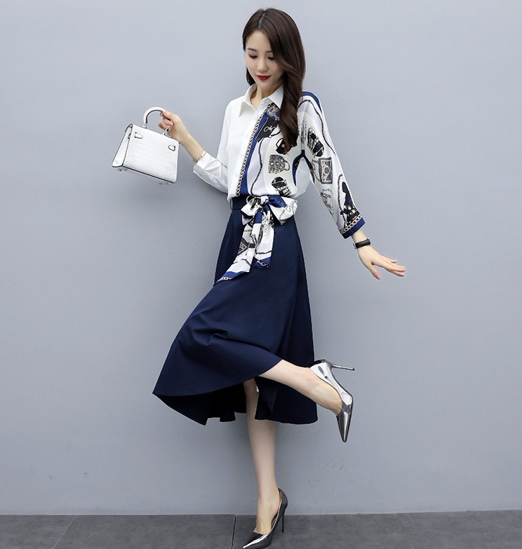 セットアップ トップス スカート シャツ ブラウス 膝下 ミモレ ミモレ丈 袖あり 長袖 襟付き ウエストマーク ウエストリボン 上下セット 2点セット お得 かわいい 大人可愛い きれいめ