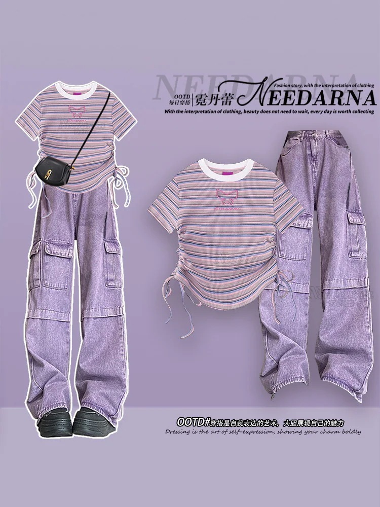 【送料無料】甘くてキュートな衣装パープルのツーピースサマースーツクールな女の子のためのオーバーオールの完全なセットと組み合わせてホットガールオーバーオール 母の日のプレゼント