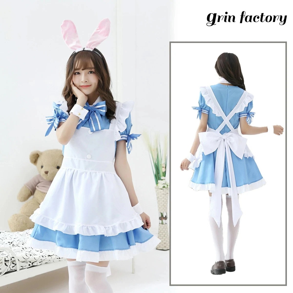 【即納】うさ耳 カチューシャ付き メイド服 セット コスプレ 衣装 バニー メイド フリル アイドル メイドカフェ 可愛い 萌え系 アキバ系 バニーメイド ふりふり ひらひら リボン カフス ハロウィ