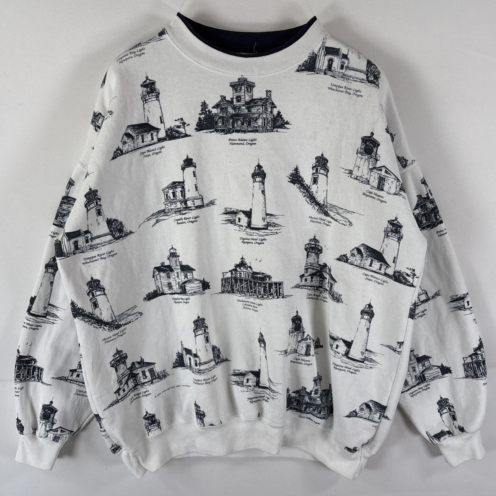 古着 90s/90年代 スポーツウェア SPORTS WEAR USA製 スウェット トレーナー 総柄 大きいサイズ プリント クルーネック プルオーバー XL ホワイト メンズ