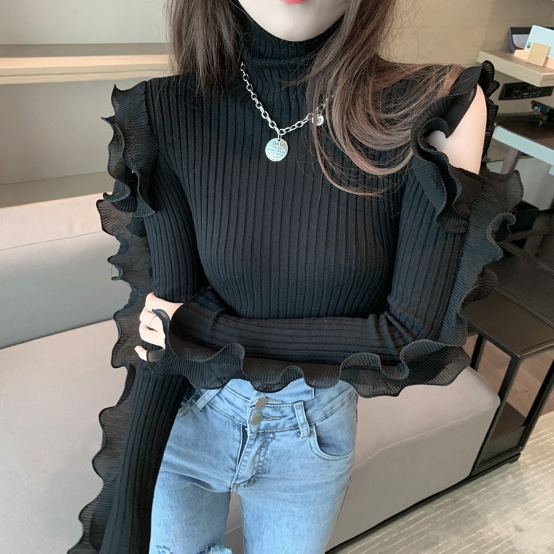 トップス カットソー ニットソー プルオーバー 白トップス 長袖 萌袖 タートルネック スリム フリル 切り替えデザイン カットアウト ドッキング リブ リブニット ニット かわいい 大人可愛い