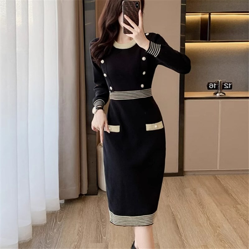 ドレス 二次会ドレス ミモレ丈ドレス ミモレ 袖あり 長袖 ラウンドネック ハイウエスト かわいい 大人可愛い きれいめ シンプル 大人 上品 おしゃれ かっこいい 大人女子 こなれ感 エレガント