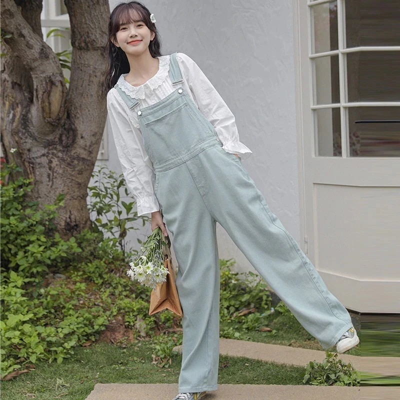 ワイドパンツ 2025 女性 韓国ファッション フレッシュでゆったりとした デニム 減齢洗い水ストラップ長ズボン コーデ完成！サロペット 甘い少女