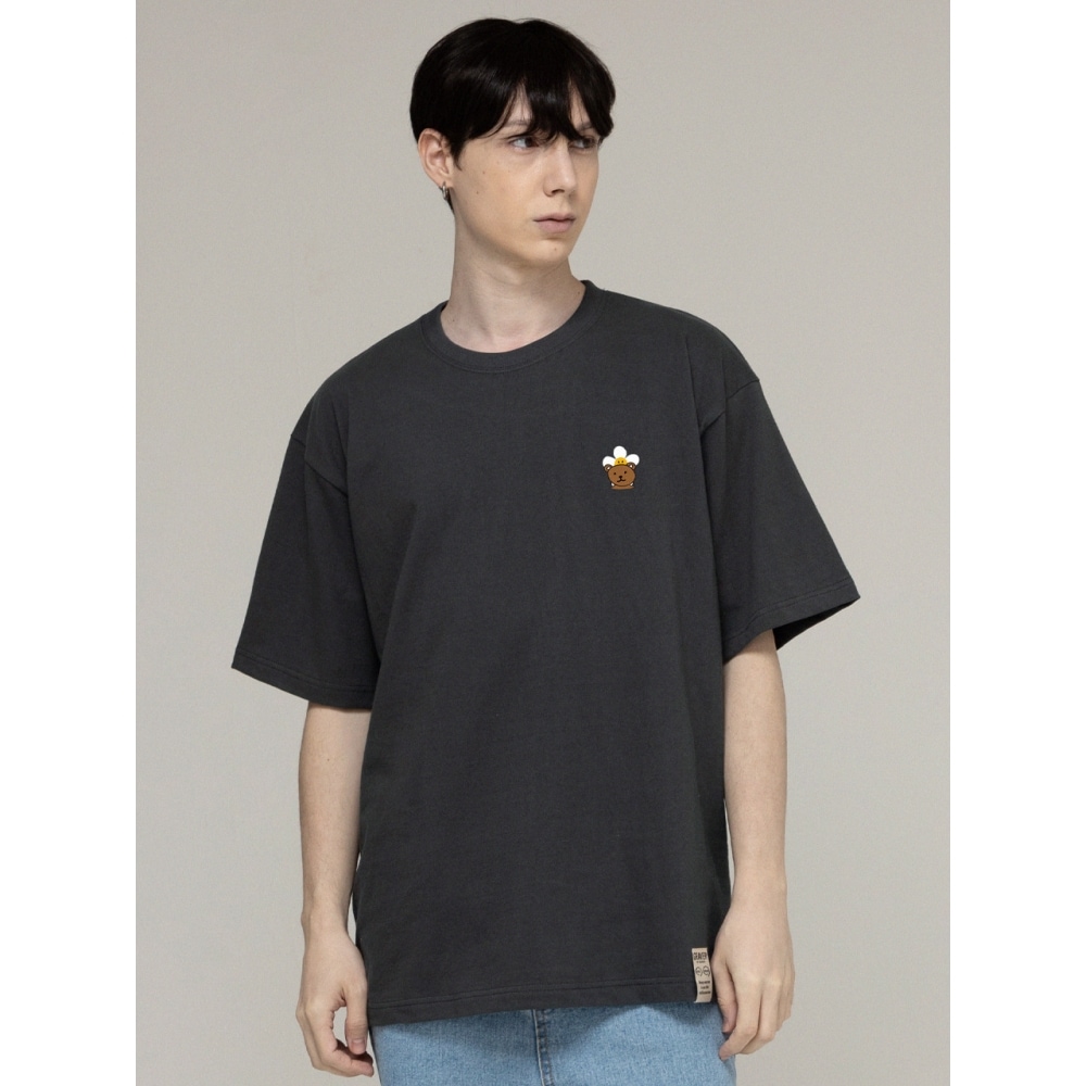 グレイバースモールバックハグフラワーベアスマイル半袖Tシャツチャコール