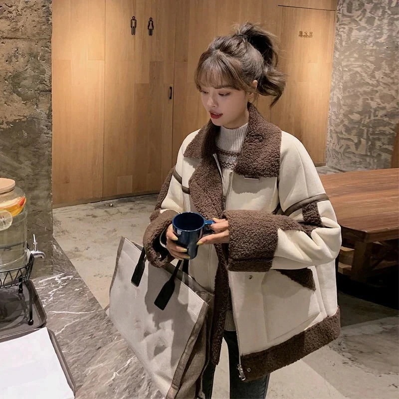 [高质量 アウター フェイクファー 皮毛一体 ゆったり 防寒 ラムズウール 厚手 ] 裏起毛 レディース ジャケット