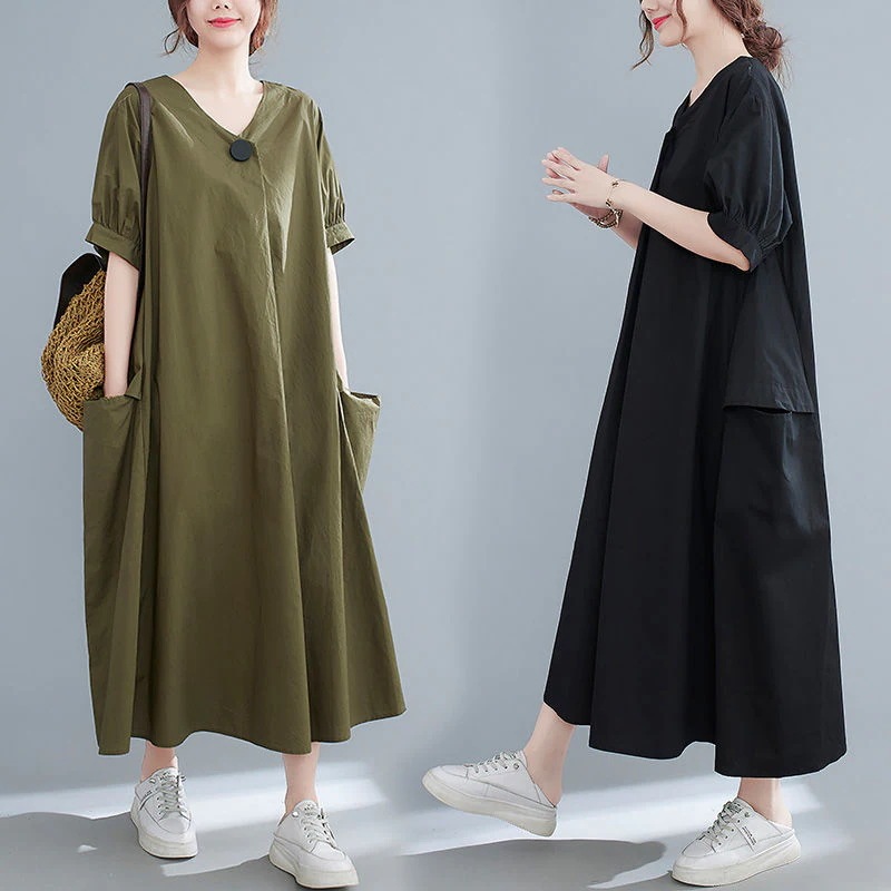 ワンピース 2024夏の新型ビッグサイズ婦人服太った妹ゆったりロング丈大振り半袖飾りボタンミディアム丈ワンピース