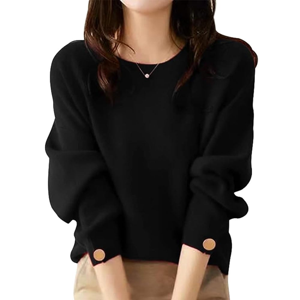 ニット セーター レディース 長袖 袖ボタン プルオーバー 柔らか 無地 着痩せ シンプル おしゃれ 上品 春 秋 冬 LIY53