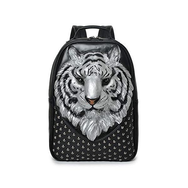 3D tiger head backpack bookbag， unique designer PU leather fashion travel laptop backpack (white) 並行