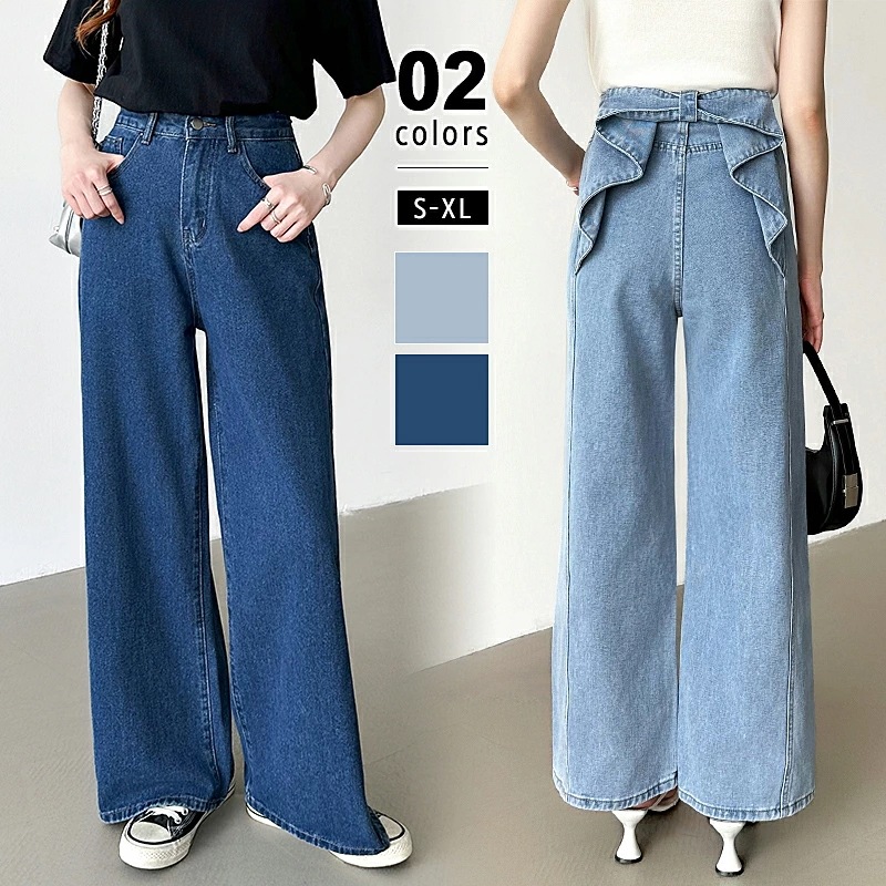 [迅速な配達][限時割!引!]バックリボンデニムパンツ ワイドパンツ リボン デニム パンツ レディース バックリボン デニムパンツ バックリボンデニム ワイドデニム 大きいサイズ ボトムス リボンデ