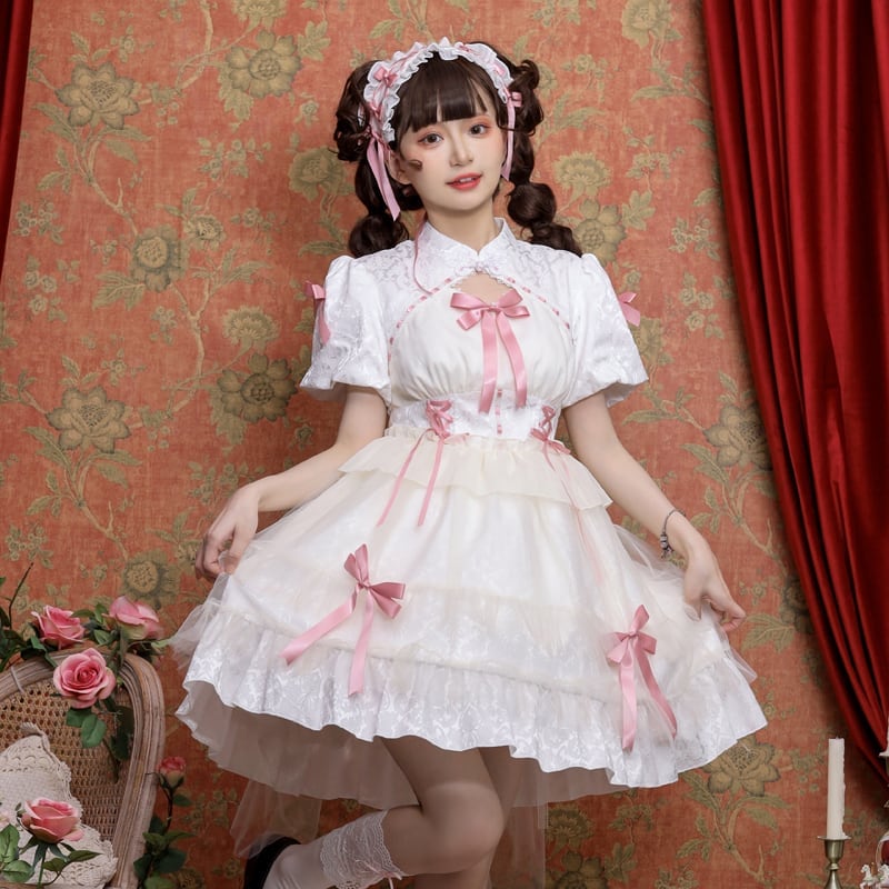 チャイナ風 蝶結び 透かし彫り 可愛い 3色展開 半袖 ロリータ lolita JSK S M L XL 吊りワンピース