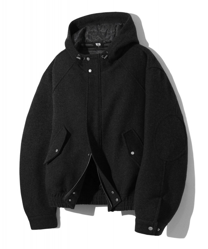 ウールエルボーパッチ2WAYハリントンフードジャケット（BLACK）