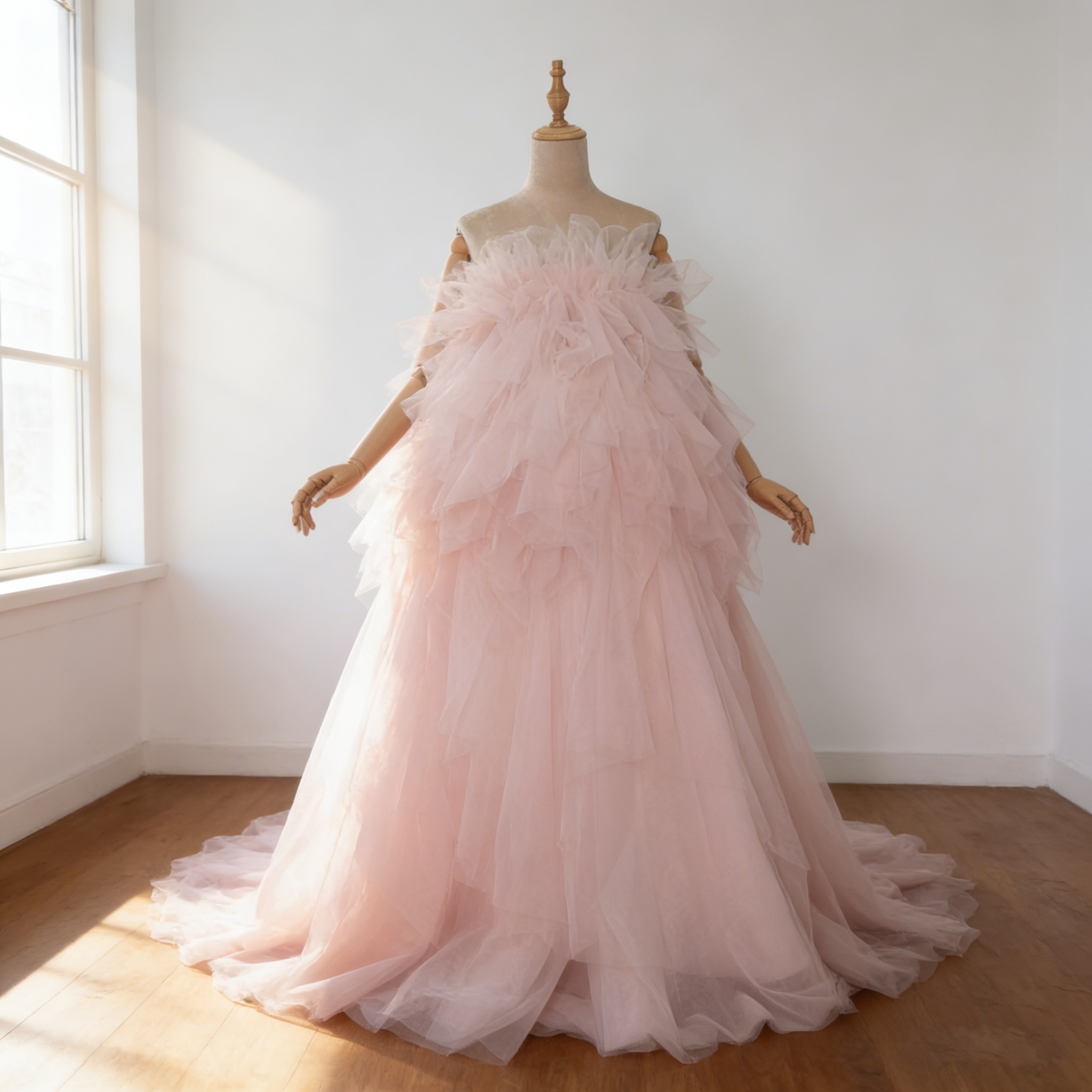 カラードレス ピンク ビスチェドレス ソフトチュール 華やかなトレーン 結婚式 前撮り