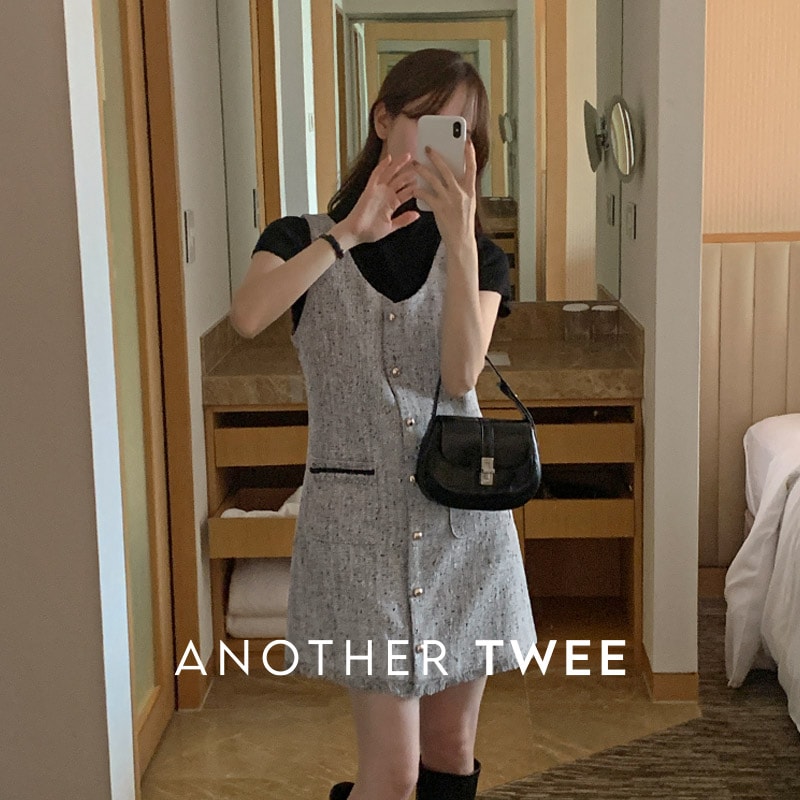 [top0604] 韓国ファッションツイードスリーブレスミニワンピース
