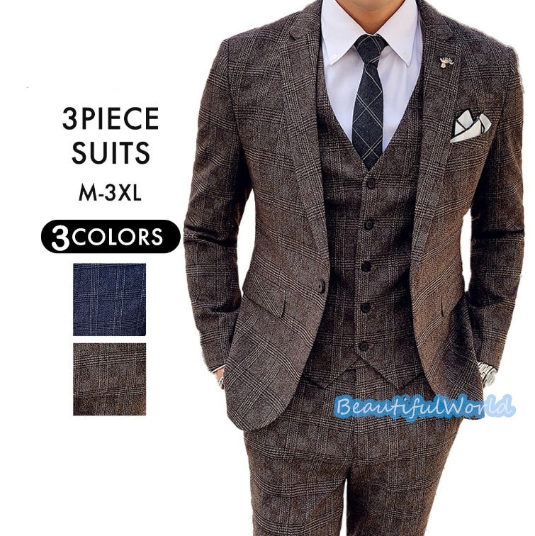 スーツ メンズ ビジネススーツ 3ピーススーツ スーツセットアップ カジュアルスーツ チェック柄フォーマルスーツ 洗える 紳士服 通勤 結婚式X4