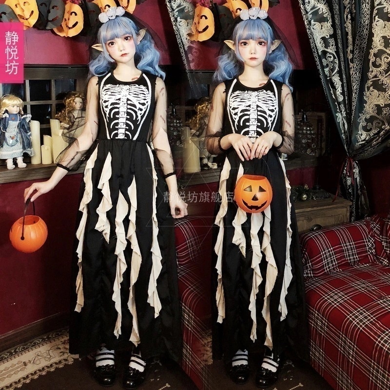 【即納】ハロウィーン衣装女性暗黒系悪悪魔花嫁ロングスカート暗黒幽霊吸血鬼恐怖頭蓋ゾンビ服