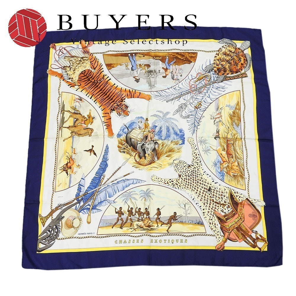 中古 スカーフ カレ90 シルク ネイビー ホワイト CHASSES EXOTIQUES 小物 レディース 女性