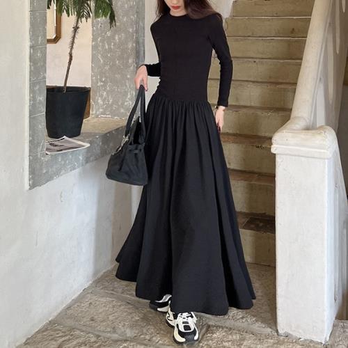 【即納】ロング ニット ワンピース 黒 マキシ丈 ロング フレア ハイウエスト レディース ロングワンピース 切替ワンピース 韓国 無地 ラウンドネック 秋 冬 長袖 ロング丈 可愛い タイトめ フレ