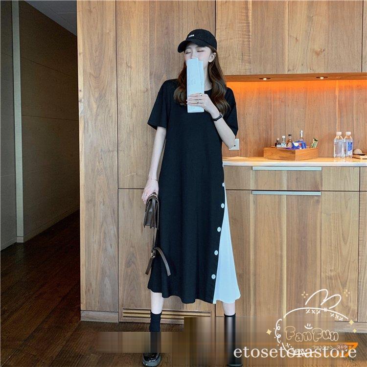 ワンピース 夏 半袖ワンピース 40代 ボタン付 サイド切り替え ロングTシャツ 大人 可愛い Tシャツワンピ Aライン ワンピース 春 夏 カジュアル