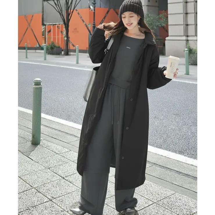 marina×クラシカルエルフコラボゆるっとダボっと大人の抜け感あたたか機能性アウター襟付き中綿ロングコート
